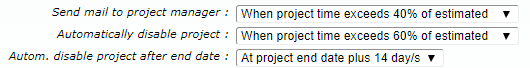 Settings for automatically disable project or send mail after end-date or exceeding estimated time. Settings for automatically disable project or send mail after end-date or exceeding estimated time.
